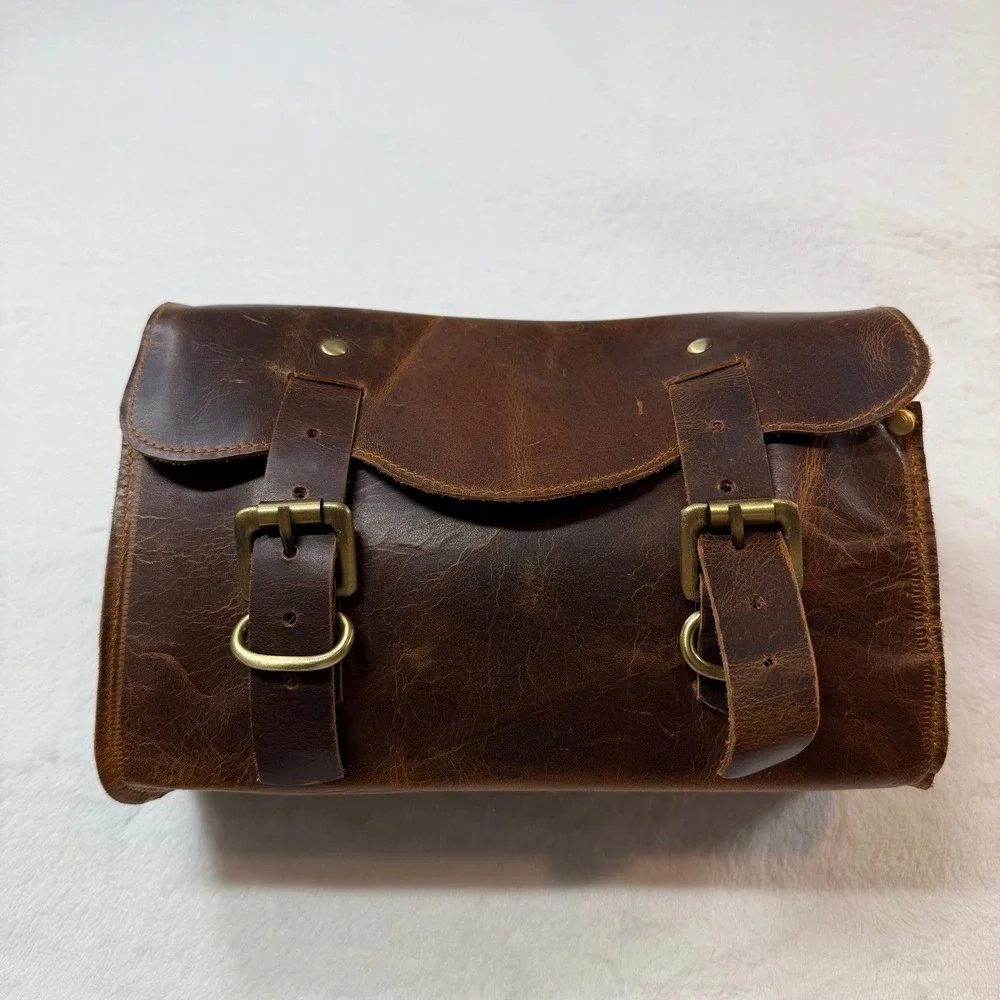 Unbranded Leather Handlebar Tool Bag Brown Good Distressed Buckle Moto Accessory